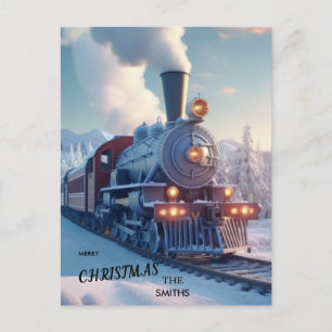 Postal Tren de Vapor Navidad Motor Vintage Nieve Bosque