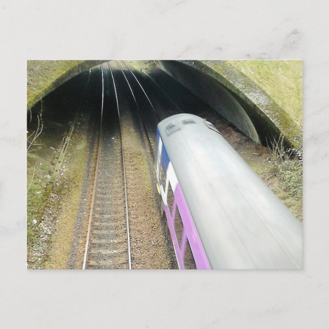 Postal Tren morado, vías férreas, túnel, viaje (Anverso)