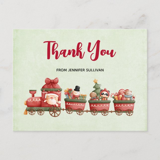 Postal Tren navideño bonito con juguetes gracias (Anverso)