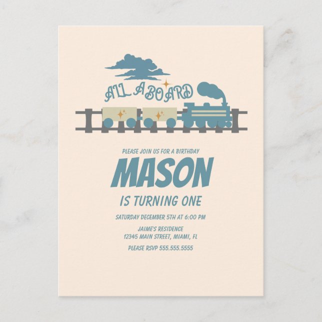 Postal Tren Retro Niños Fiesta de cumpleaños Earthy (Anverso)