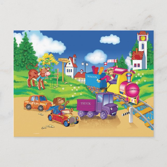 Postal tren y coche (Anverso)