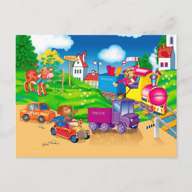 Postal tren y coche (Anverso)