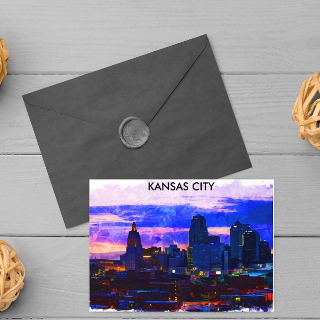 Postal Trendy Kansas City Skyline Travel Watercolor (kansas city skyline postcard)