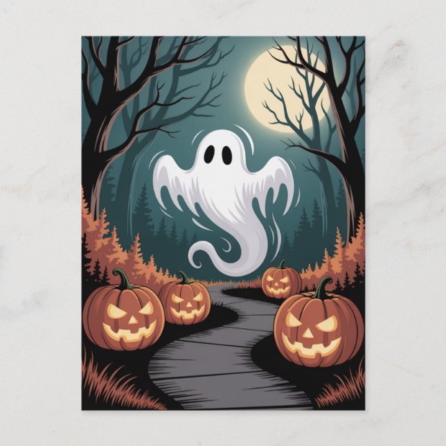 Postal Trendy spooky Halloween Pumpkin Ghost Moon forest  (Anverso)