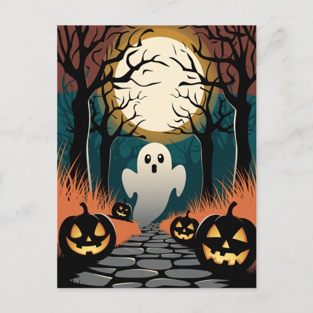 Postal Trendy spooky Halloween Pumpkin Ghost Moon forest  (Anverso)