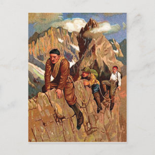 Postal Tres alpinistas en cima de montaña, divertido vint