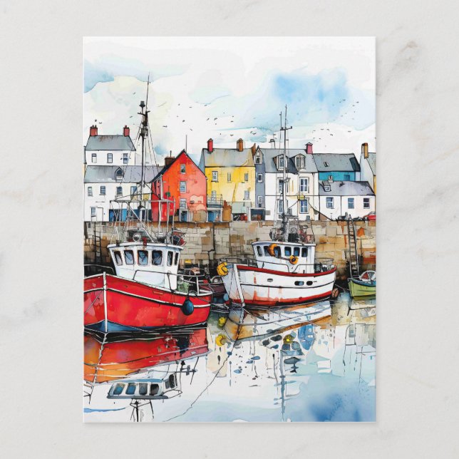 Postal Tres Barcos En El Puerto Pesquero (Anverso)