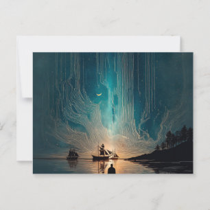 Postal Tres barcos, luna creciente, cielo nocturno brilla