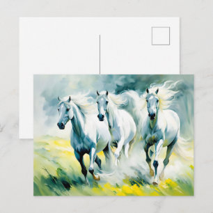 Postal Tres caballos corriendo por el campo de las flores