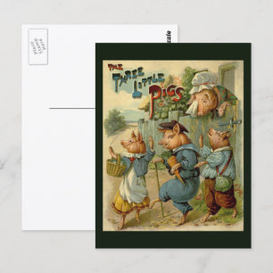 Postal Tres cerditos cuento de hadas vintage