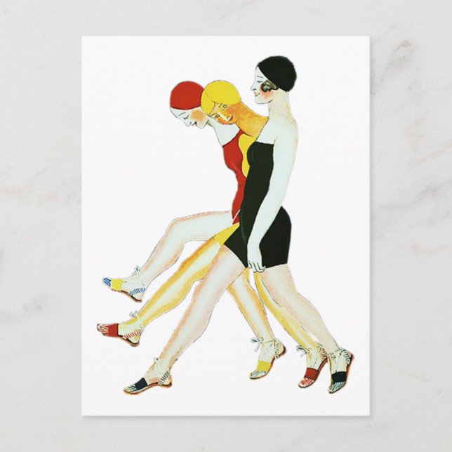 Postal Tres Chicas caminando - Ilustracion de los años 20 (Anverso)
