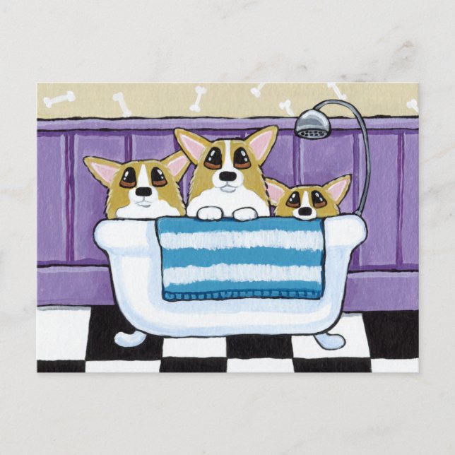 Postal Tres corgis en la bañera (Anverso)