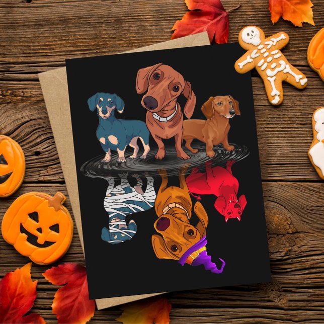 Postal Tres Dachshunds Reflection Halloween Regalos para  (Subido por el creador)