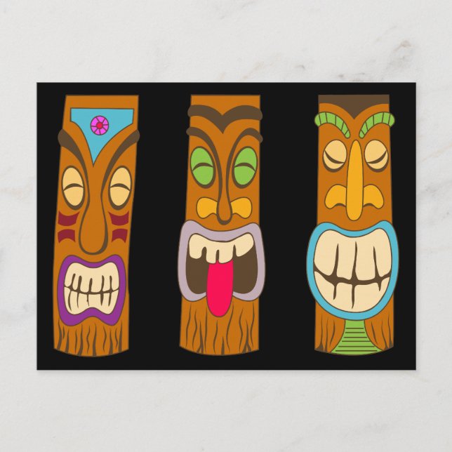 Postal Tres estatuas Tiki de madera, negro gracioso (Anverso)