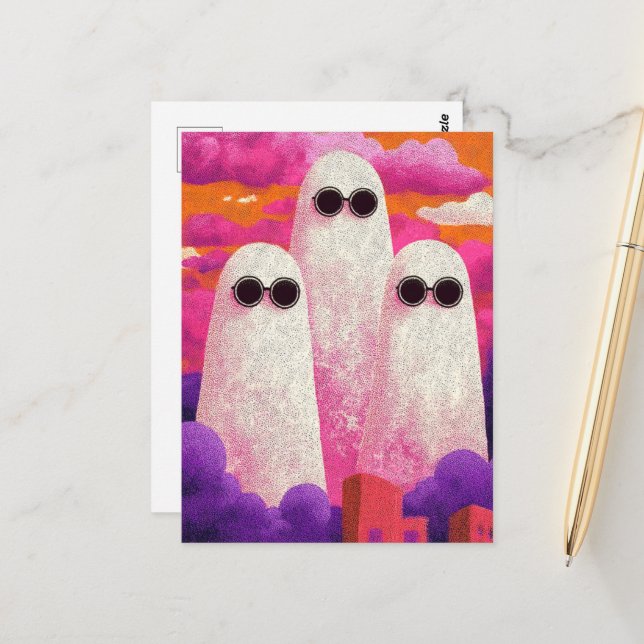 Postal Tres fantasmas en gafas de sol en las nubes (Anverso/Reverso In Situ)