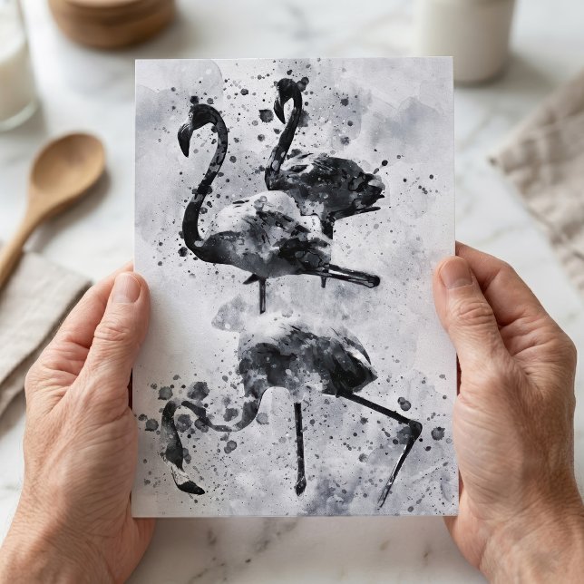Postal Tres Flamencos Acuarela en Blanco y Negro (Three Flamingos Black and White Watercolor. Postcard)