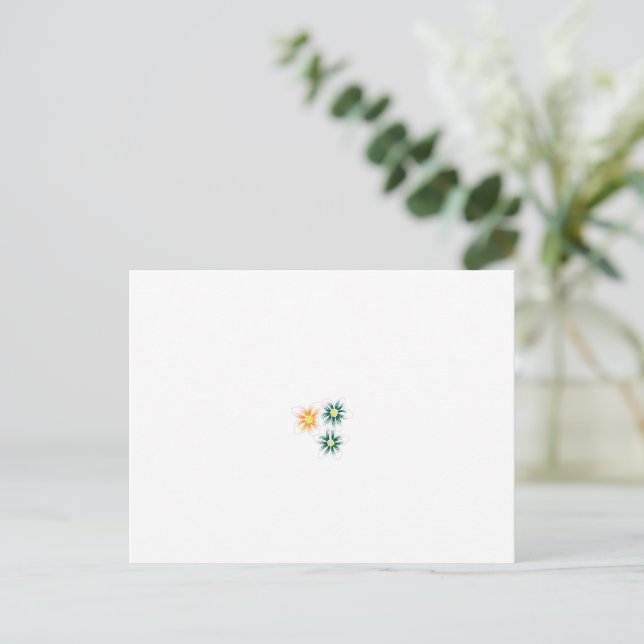 Postal tres flores con pétalos verdes y naranjas (Anverso de pie)
