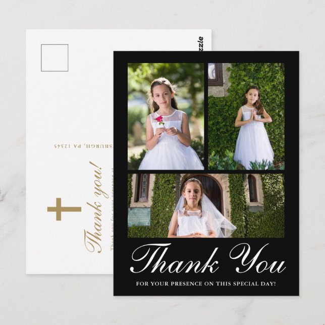 Postal Tres Foto con Cruz Primera Comunión Negro (Anverso / Reverso)