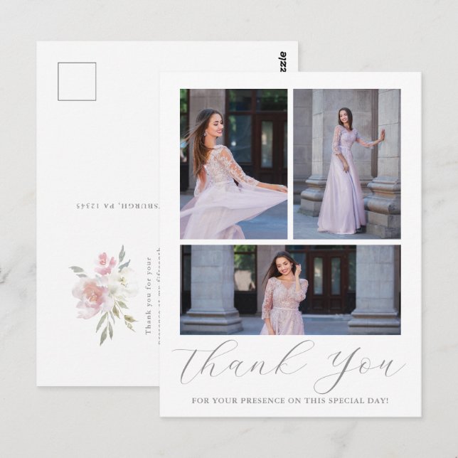 Postal Tres fotografías Quinceanera de escritura floral r (Anverso / Reverso)
