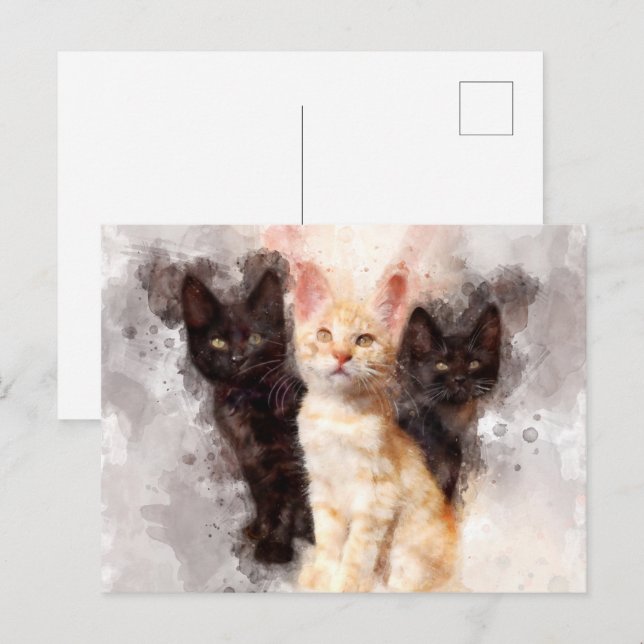 Postal Tres gatitos adorables y hermosas acuarelas (Anverso / Reverso)