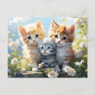 Postal Tres gatitos en Daisies de jardín