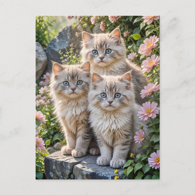 Postal Tres Gatitos Fluffy con flores rosas (Anverso)