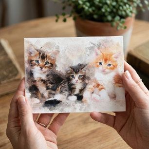 Postal Tres gatitos hermosos y lindos acuarela