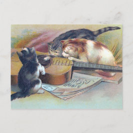 Postal Tres gatitos y un Ilustracion de guitarra