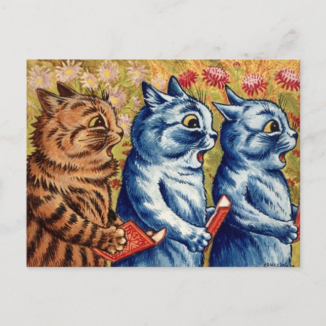 Postal Tres gatos cantando. Gouache de Louis Wain, 1925 (Anverso)