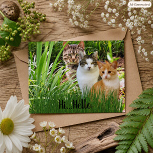 Postal Tres gatos de tabby en el jardín "Hola Hola"
