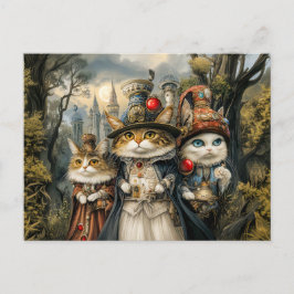 Postal Tres gatos en el bosque de la fantasía de Steampun