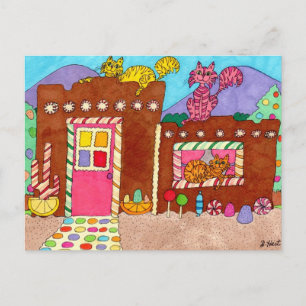 Postal Tres gatos en la casa Adobe Gingerbread