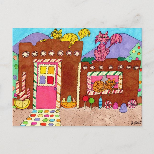Postal Tres gatos en la casa Adobe Gingerbread (Anverso)