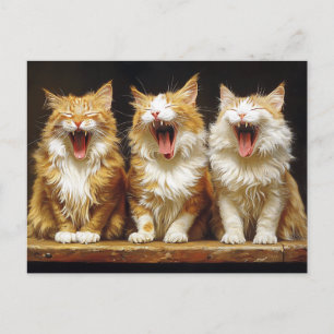Postal Tres gatos naranjas blancos divertidos cantando