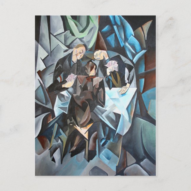 Postal Tres Hombres Jugando Cartas De Arte Geométrico Des (Anverso)