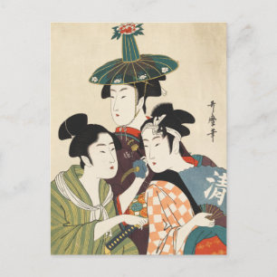 Postal Tres hombres o mujeres jóvenes, Utamaro