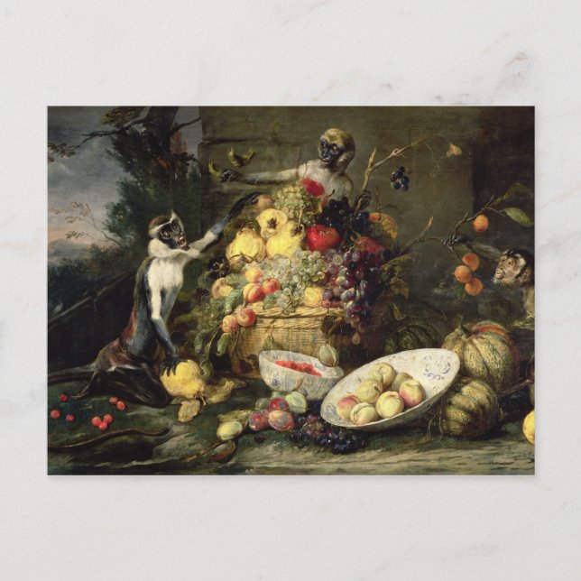 Postal Tres monos robando fruta (aceite sobre lienzo) (Anverso)