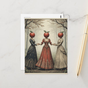 Postal Tres mujeres con cabezas de manzana bailan en el b
