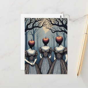 Postal Tres mujeres con cabezas de manzana en el bosque