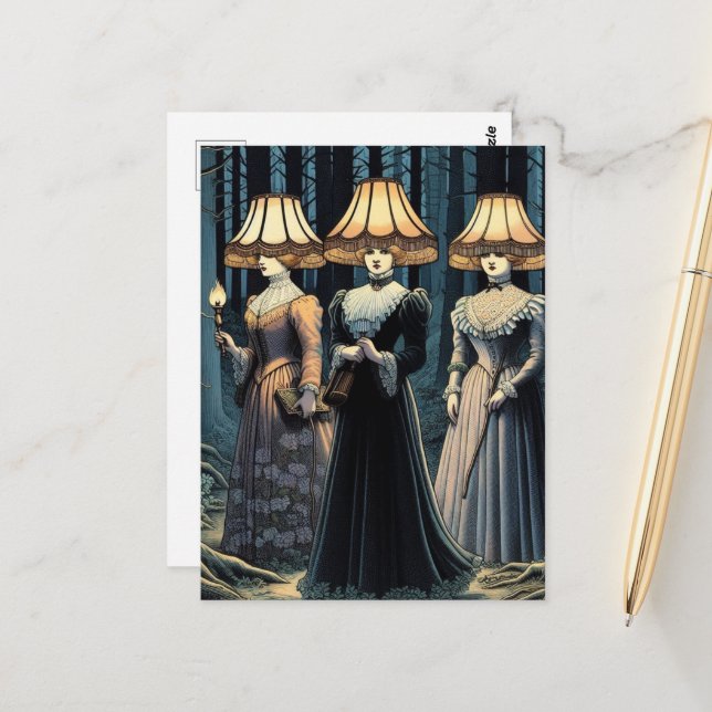 Postal Tres mujeres en el bosque con Gorras de la farola (Anverso/Reverso In Situ)