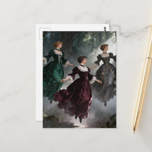 Postal Tres mujeres levitando en el bosque