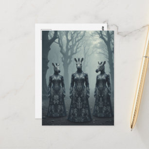 Postal Tres mujeres surrealistas con cabezas de cebra en 