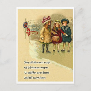 Postal Tres niñas en la nieve, saludo de Navidad con poem