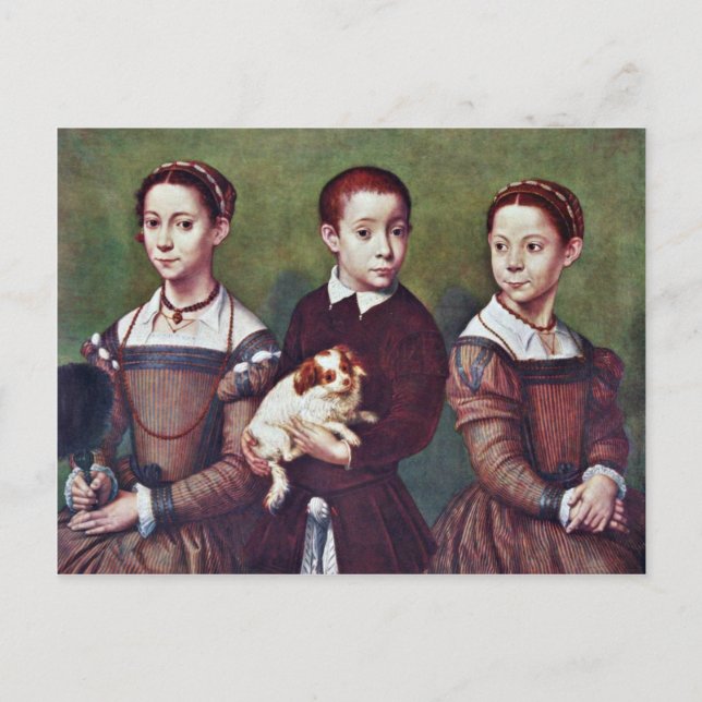 Postal Tres Niños Con Perro De Anguissola Sofonisba (Anverso)