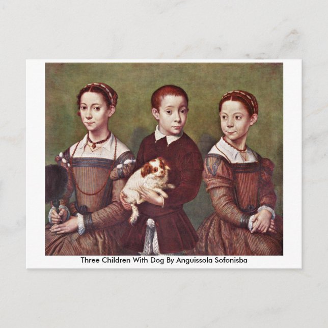 Postal Tres Niños Con Perro De Anguissola Sofonisba (Anverso)