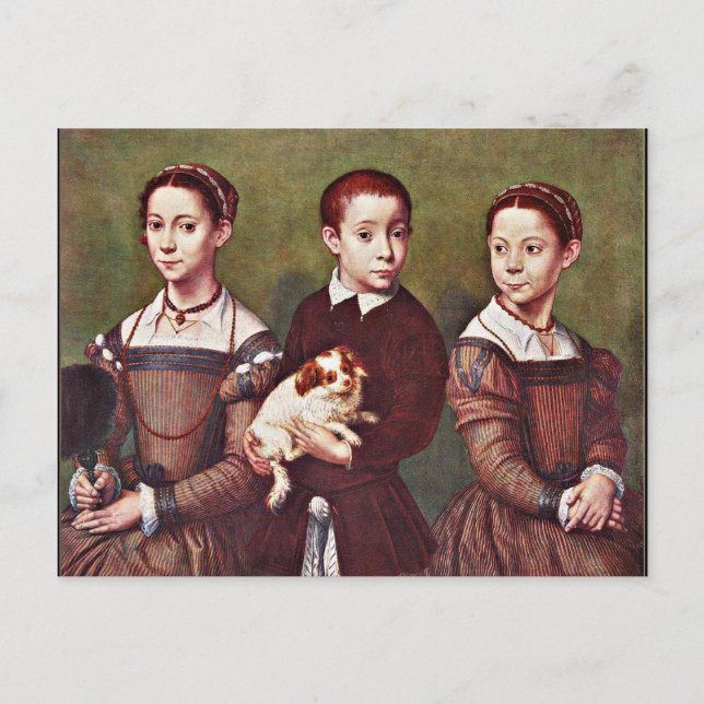 Postal Tres niños con perro, pintura de arte fino (Anverso)