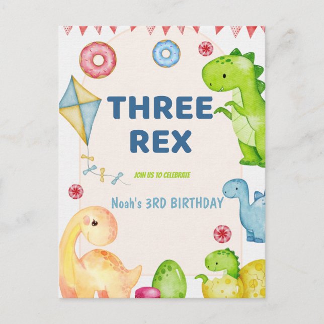 Postal Tres niños Rex Dinosaurio Fiesta de cumpleaños núm (Anverso)
