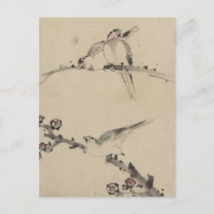 Postal Tres pájaros en una rama, uno con flores
