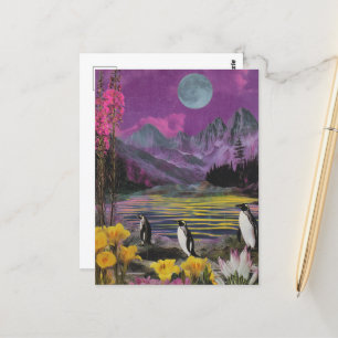 Postal Tres Peguins Surreal Mixed Media