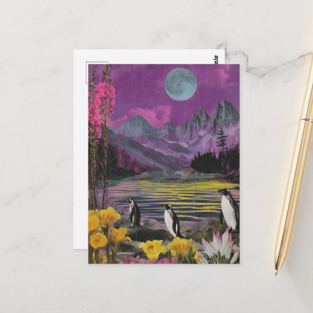 Postal Tres Peguins Surreal Mixed Media (Anverso/Reverso In Situ)